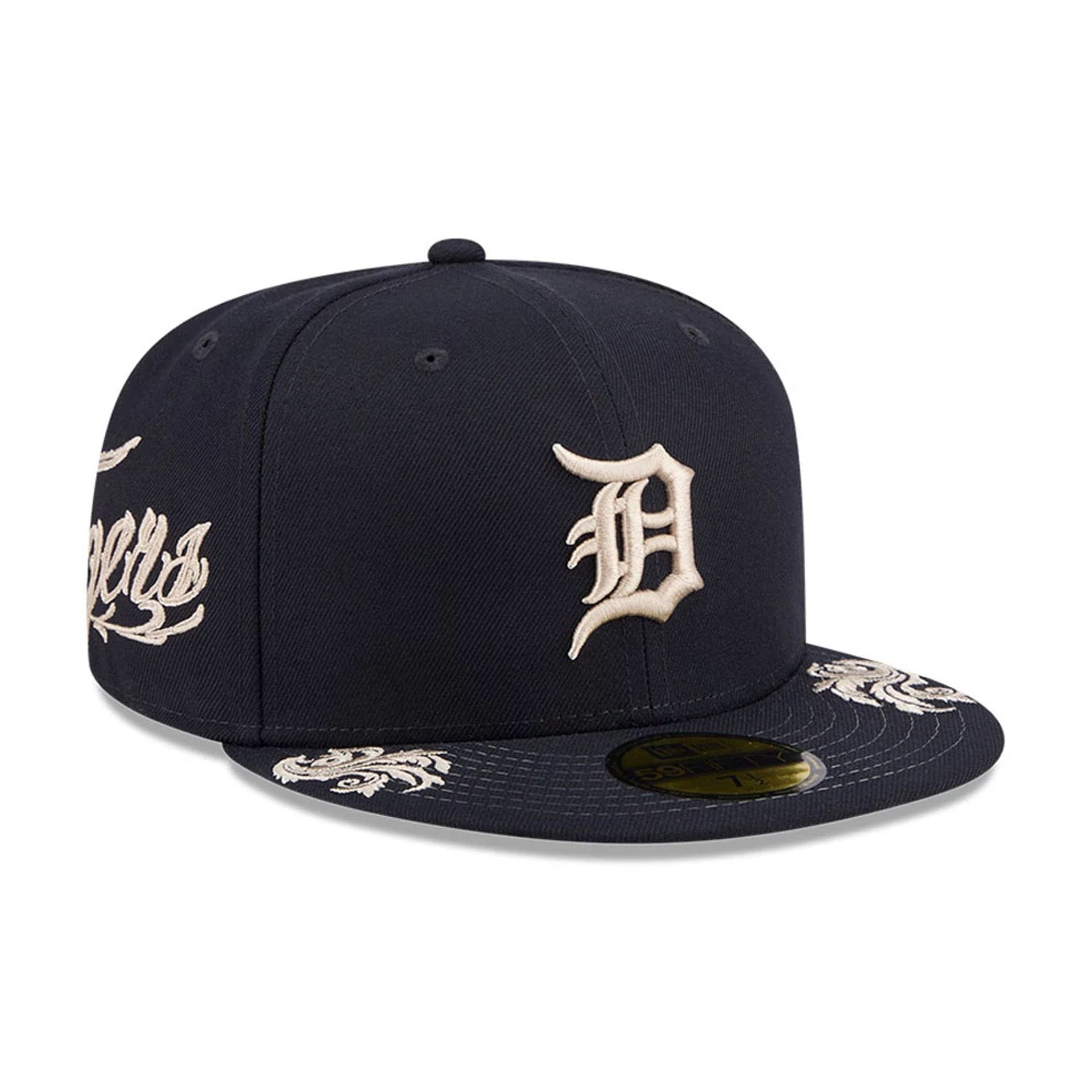 Pictured is this MLB Script Detroit Tigers 59FIFTY Fitted cap in navy. 1