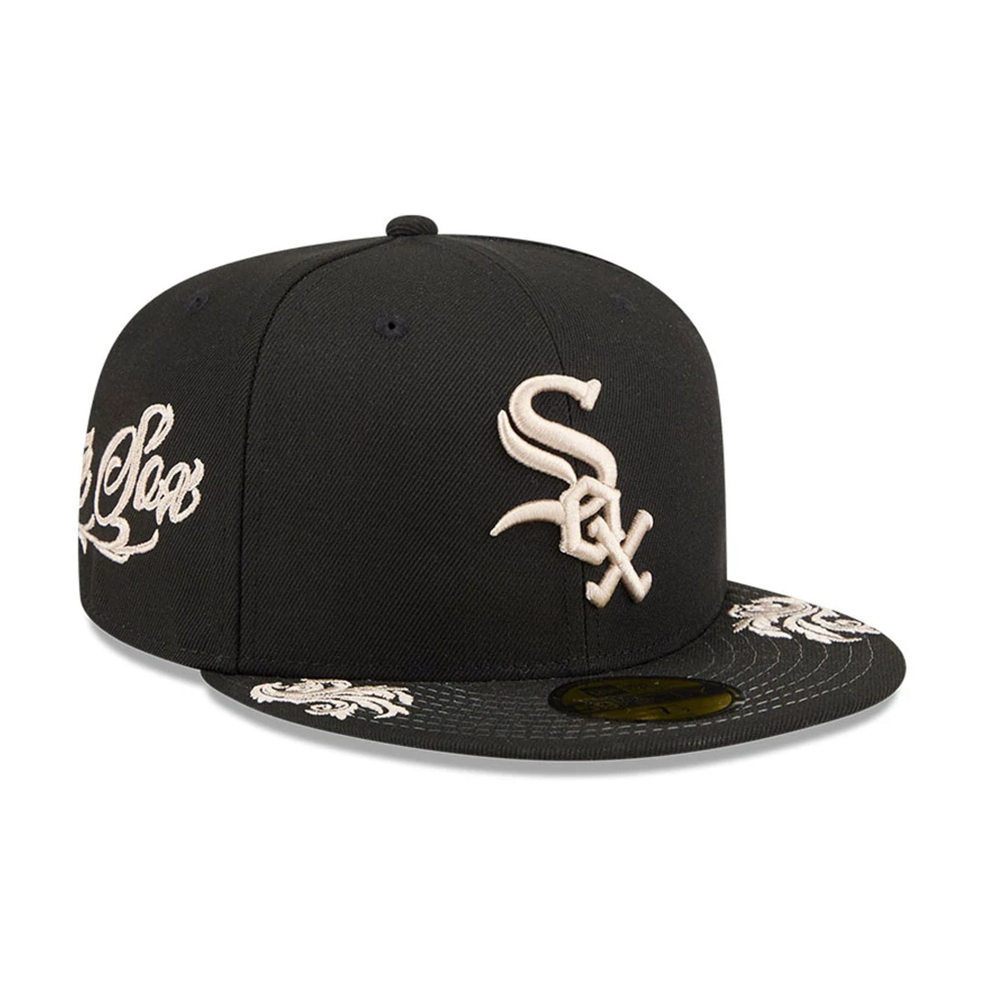 Pictured is this MLB Script Chicago White Sox 59FIFTY Fitted cap in black. 1