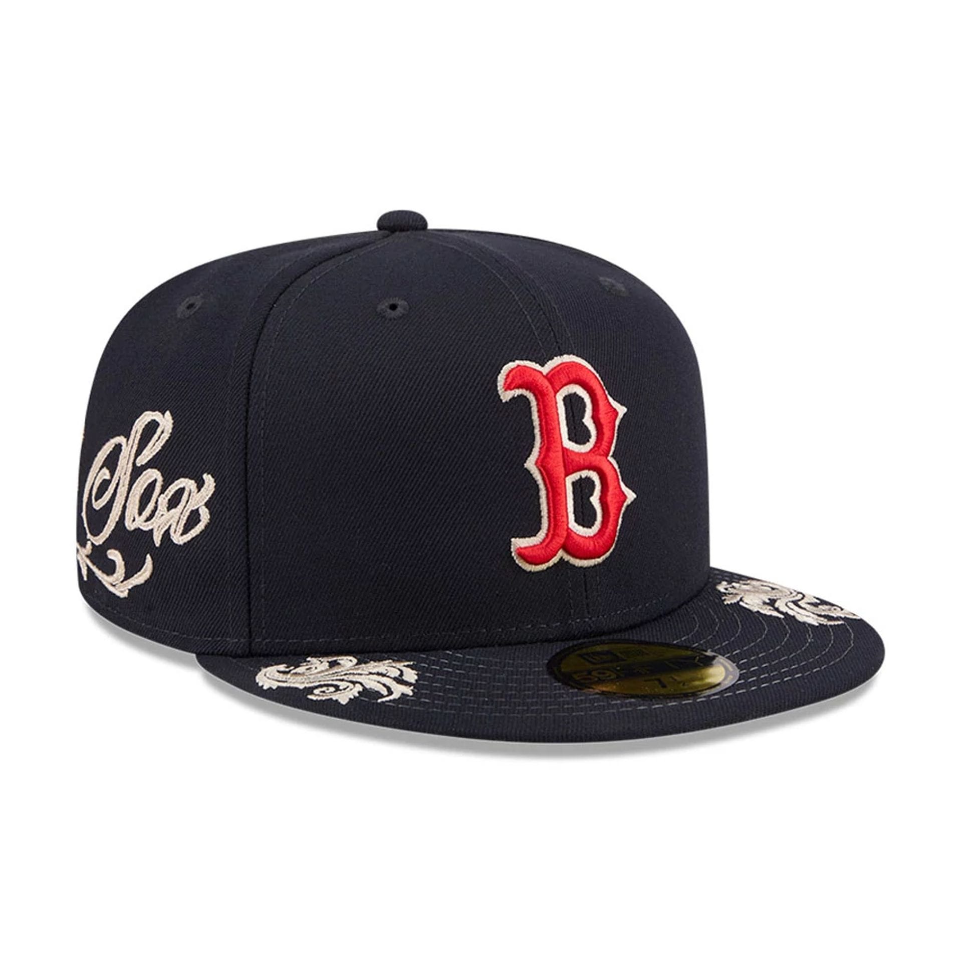 Pictured is this MLB Script Boston Red Sox 59FIFTY Fitted cap in navy. 1