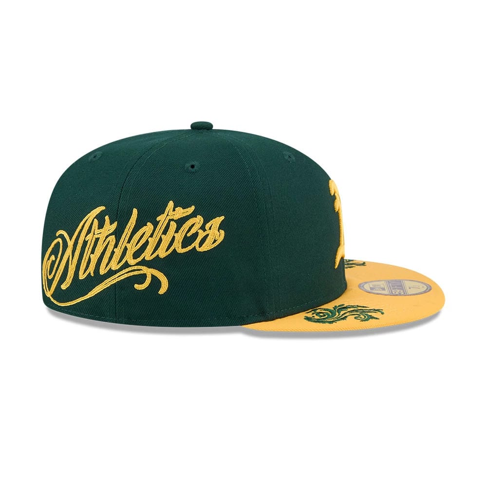 Pictured is this MLB Script Athletics 59FIFTY Fitted cap in dark green. 4