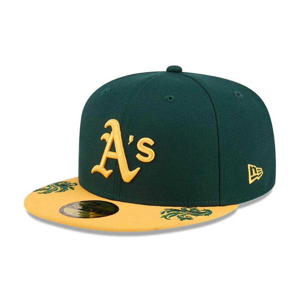 Pictured is this MLB Script Athletics 59FIFTY Fitted cap in dark green. 5