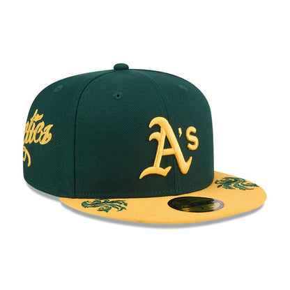 Pictured is this MLB Script Athletics 59FIFTY Fitted cap in dark green. 1