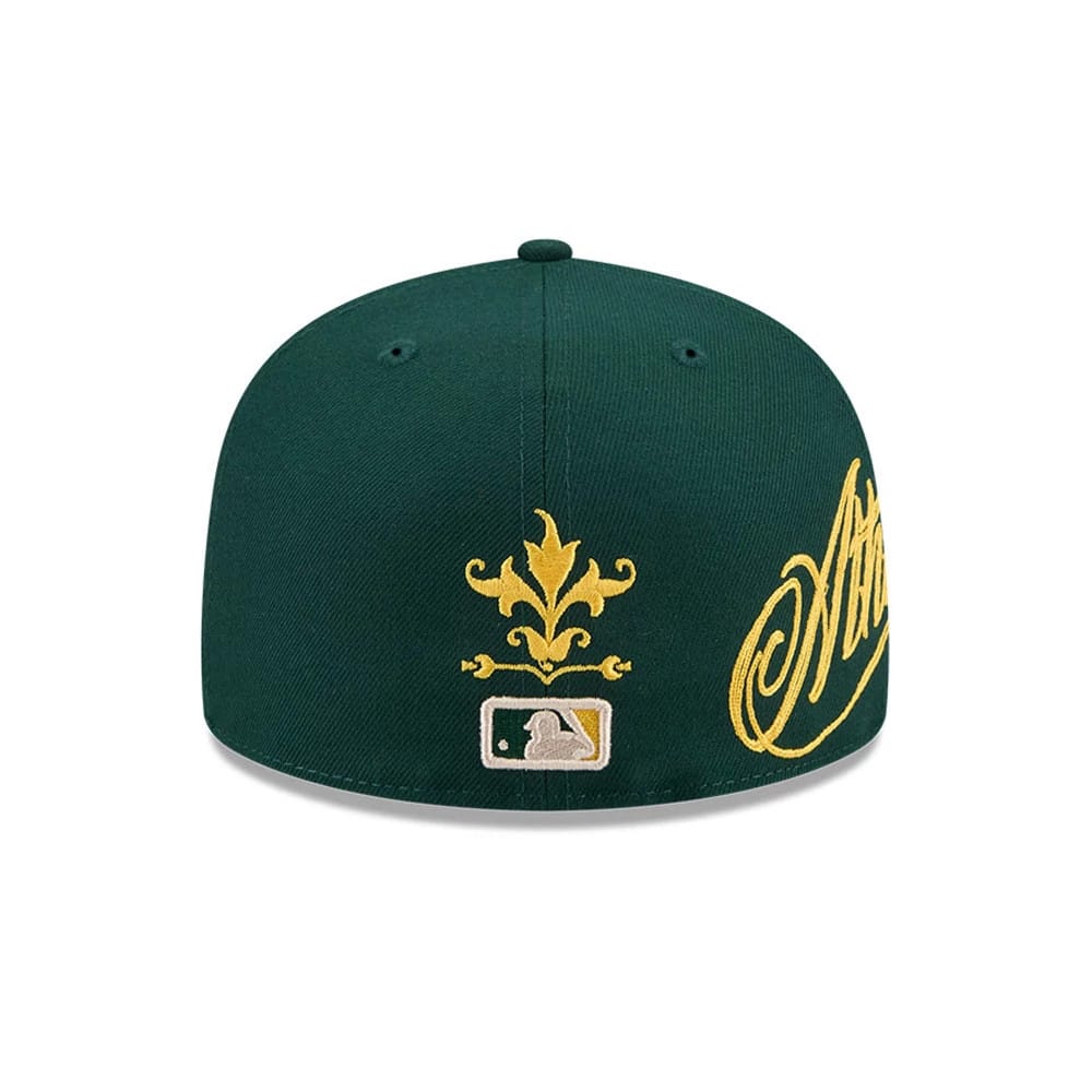 Pictured is this MLB Script Athletics 59FIFTY Fitted cap in dark green. 3