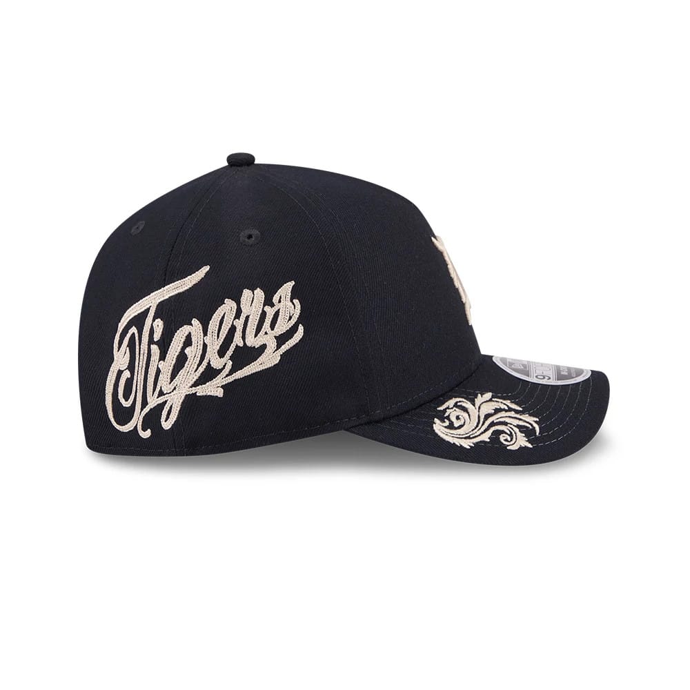 Pictured is this MLB Script Detroit Tigers 9FORTY M-Crown A-Frame Adjustable cap in navy. 4