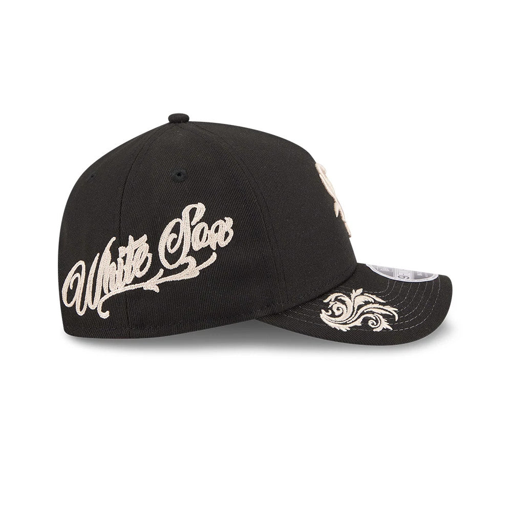 Pictured is this MLB Script Chicago White Sox 9FORTY M-Crown A-Frame Adjustable cap in black. 6