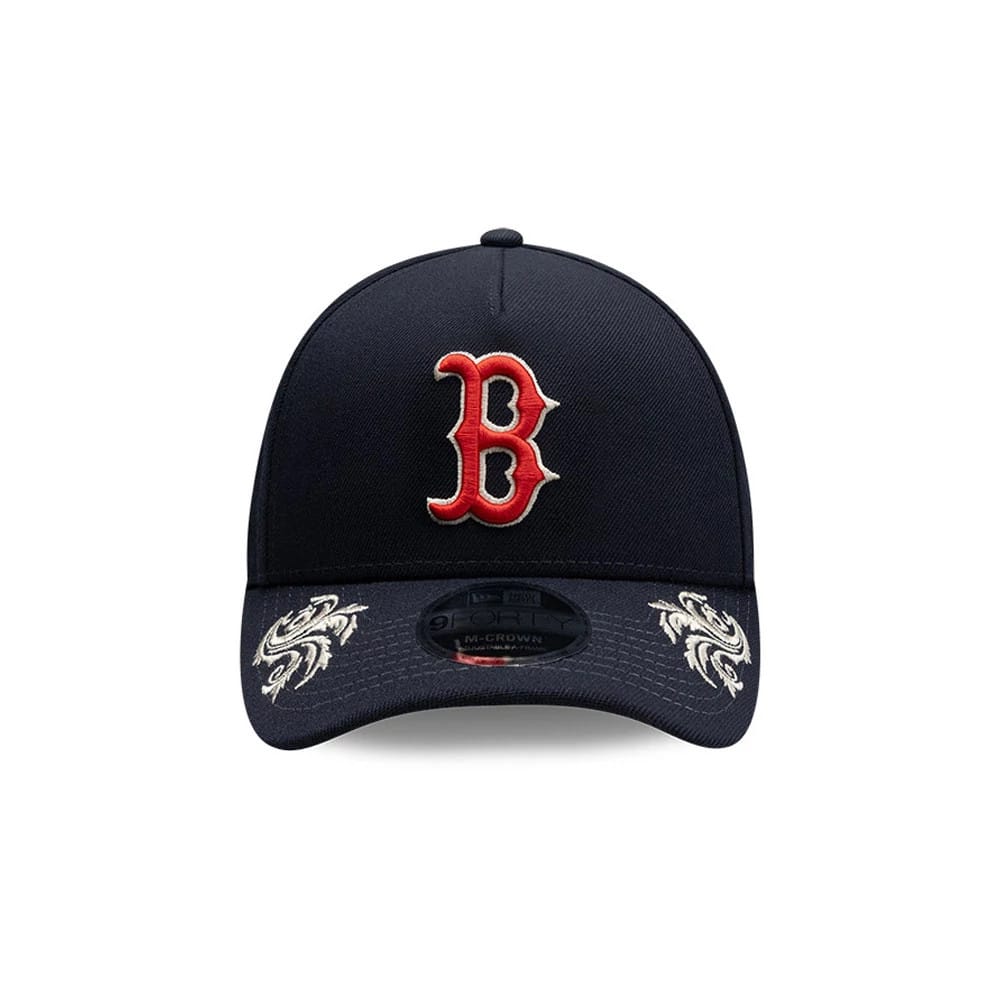 Pictured is this MLB Script Boston Red Sox 9FORTY M-Crown A-Frame Adjustable cap in navy. 3