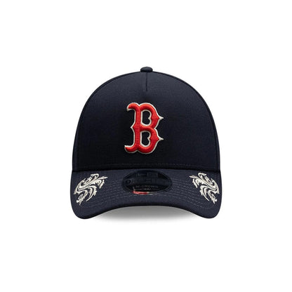 Pictured is this MLB Script Boston Red Sox 9FORTY M-Crown A-Frame Adjustable cap in navy. 3