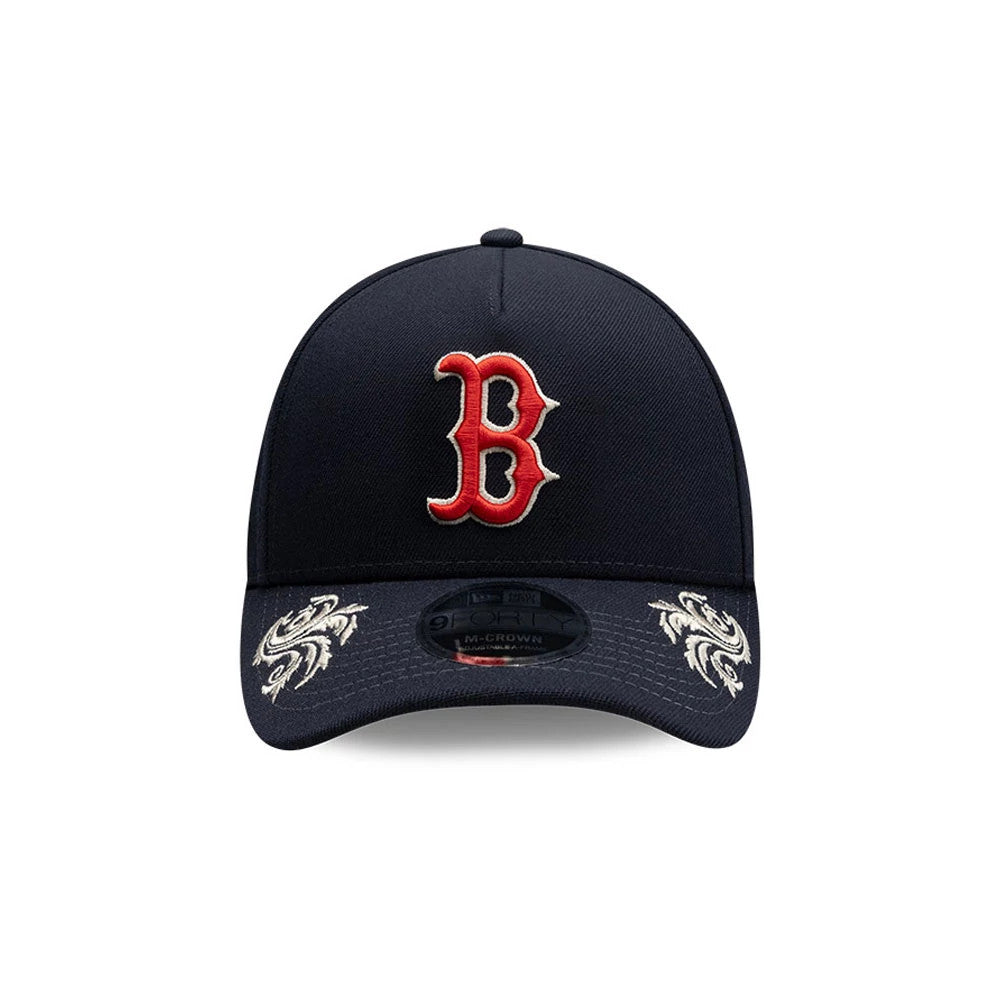 Boston Red Sox MLB Script Navy New Era 9FORTY M-Crown A-Frame Adjustable Cap, front view showing the raised red and white embroidered B logo on the navy crown, with intricate white embroidery on the visor and a black 9FORTY size sticker.