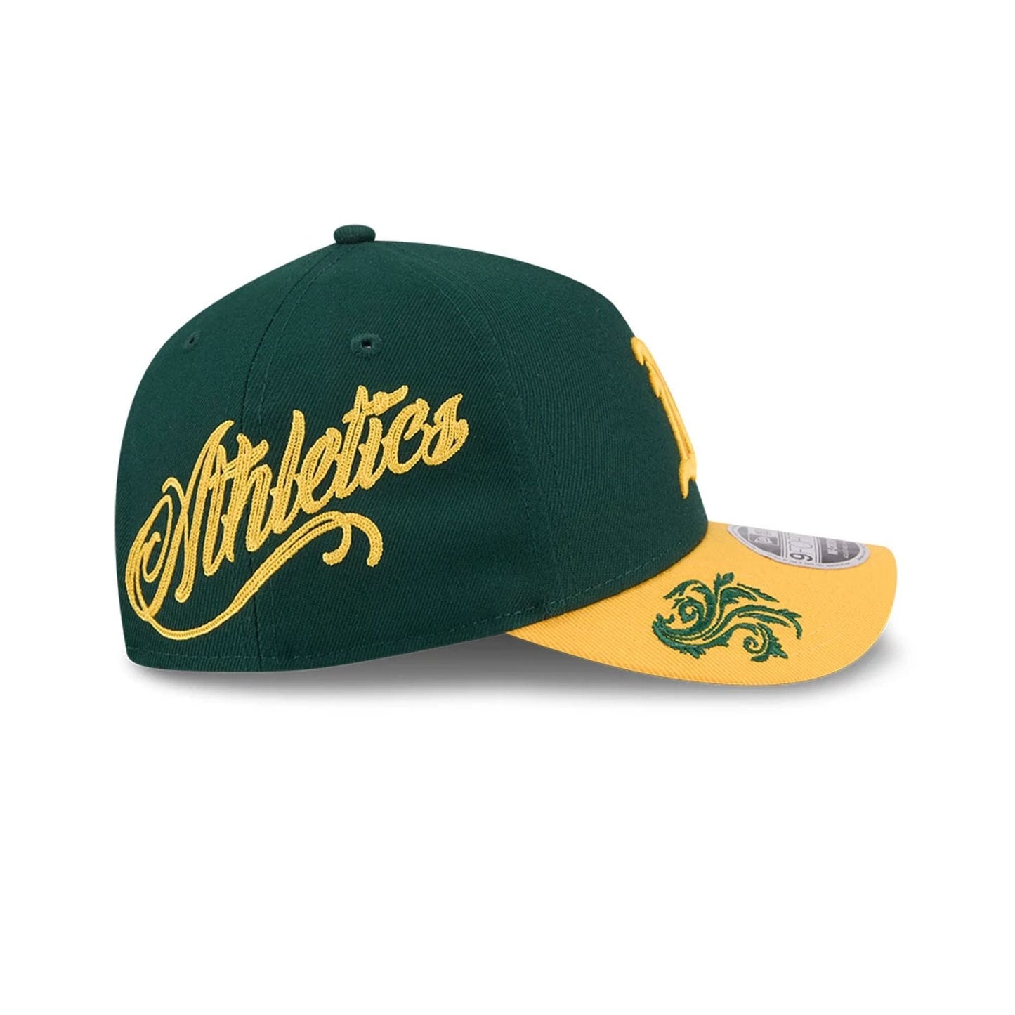 Pictured is this MLB Script Athletics 9FORTY M-Crown A-Frame Adjustable cap in dark green. 4