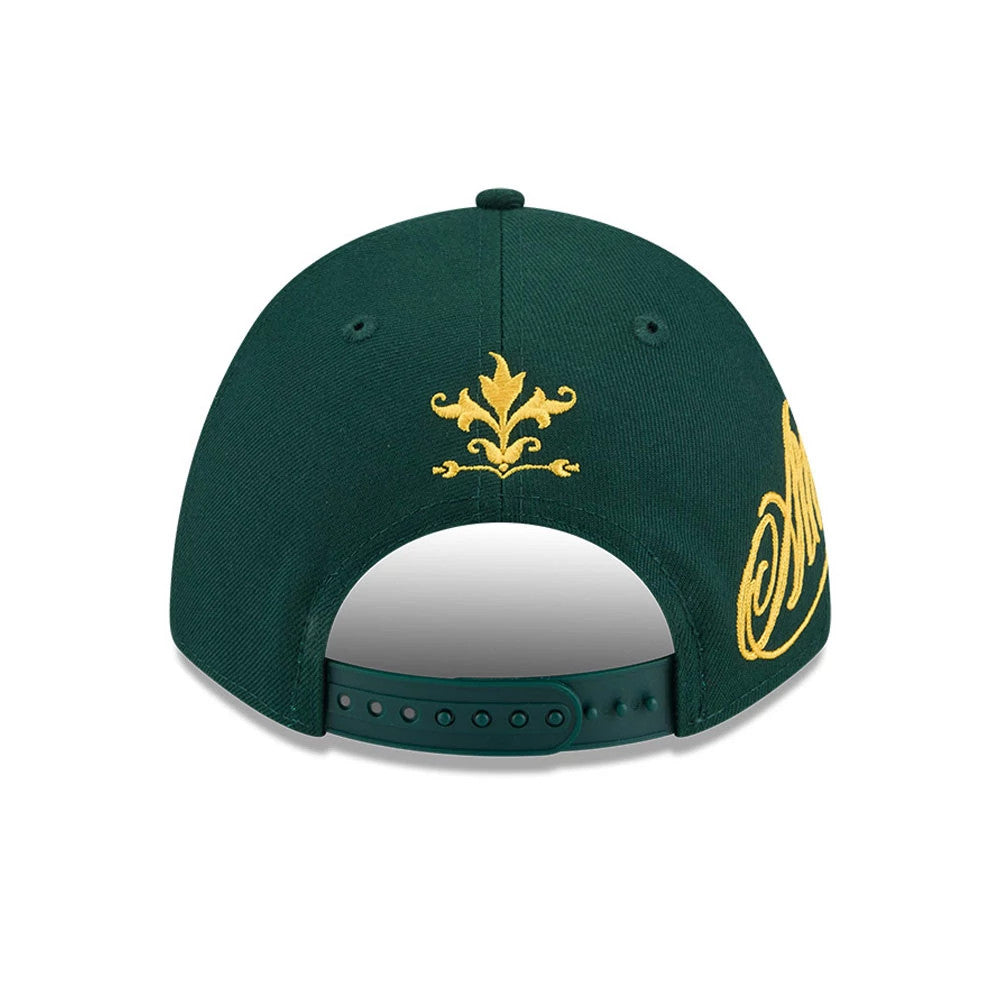 Pictured is this MLB Script Athletics 9FORTY M-Crown A-Frame Adjustable cap in dark green. 5