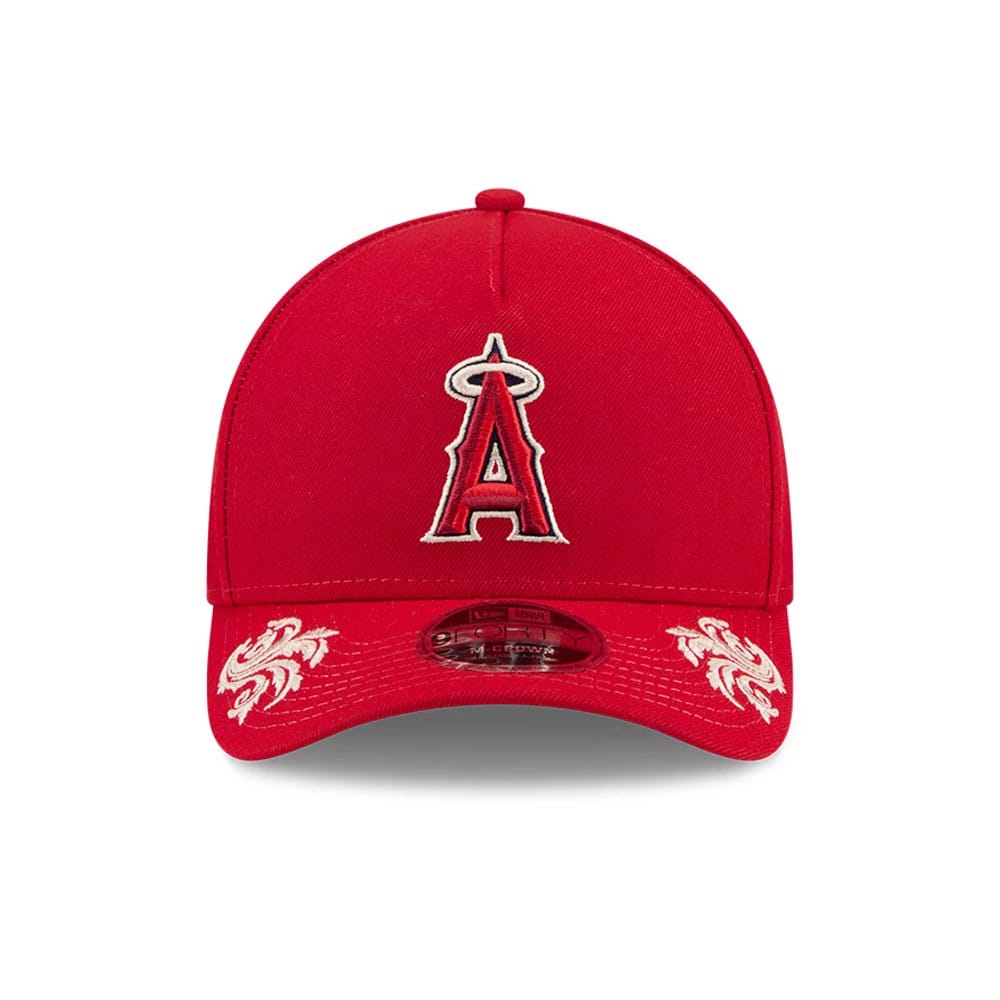Pictured is this MLB Script LA Angels 9FORTY M-Crown A-Frame Adjustable cap in red. 3