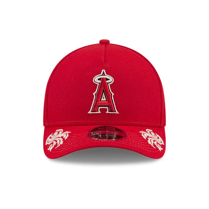 Pictured is this MLB Script LA Angels 9FORTY M-Crown A-Frame Adjustable cap in red. 3