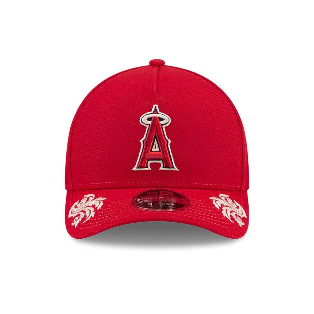 Pictured is this MLB Script LA Angels 9FORTY M-Crown A-Frame Adjustable cap in red. 3