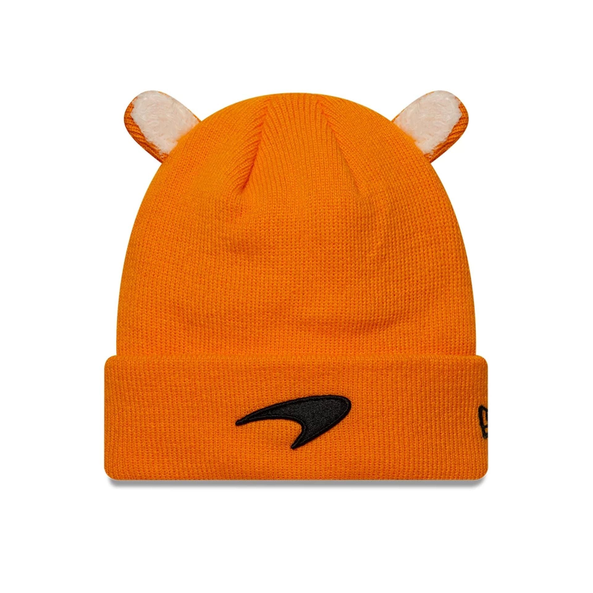 This is a McLaren Racing Child Ears Orange Cuff Knit Beanie Hat 1