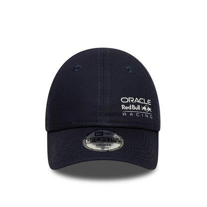 Red Bull Racing Toddler Navy New Era 9FORTY Adjustable Cap, front view showing raised white embroidered Oracle Red Bull Racing logo on the structured navy crown with a 9FORTY size sticker on the curved visor.
