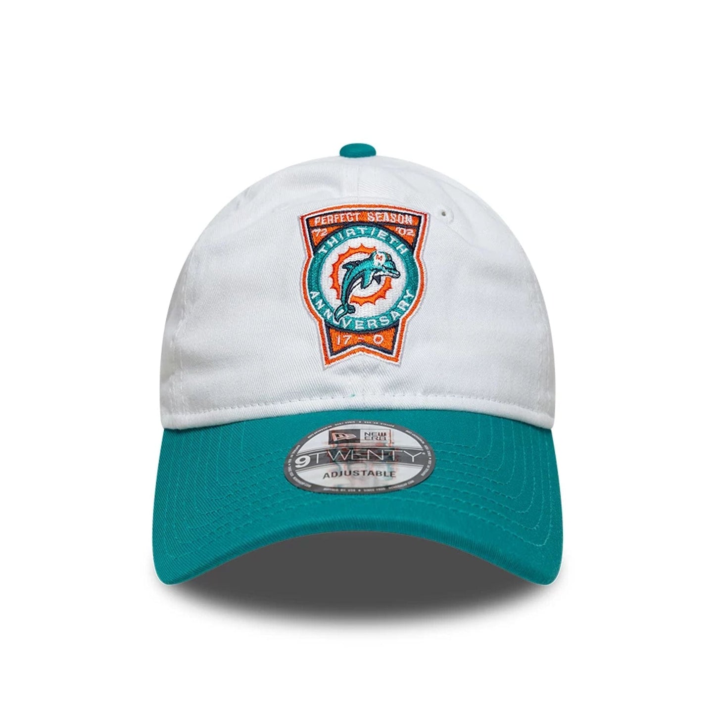 This is a Miami Dolphins NFL International Games 2025 White 9TWENTY Adjustable Cap 2