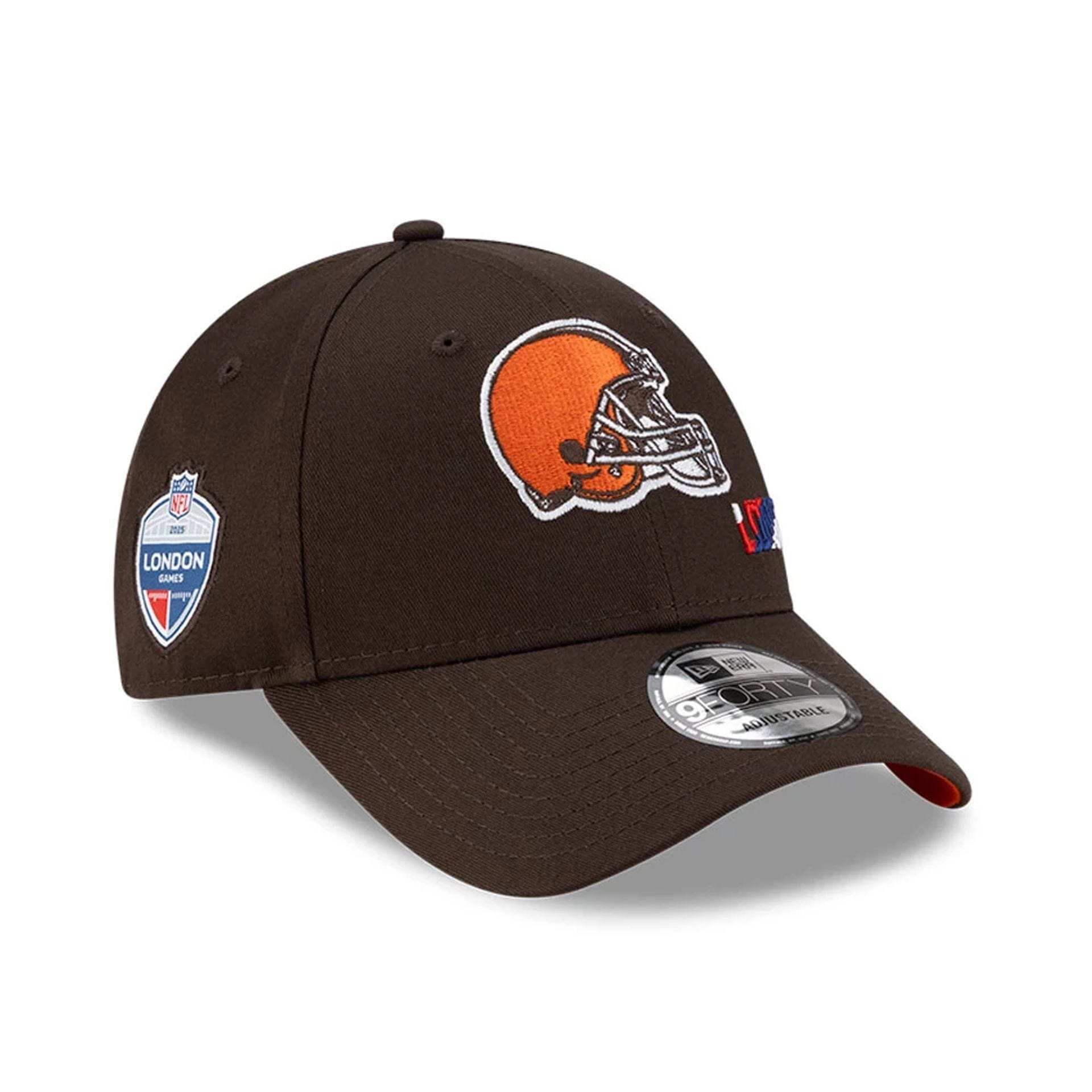 This is a Cleveland Browns NFL London Games 2025 Dark Brown 9FORTY Adjustable Cap 1