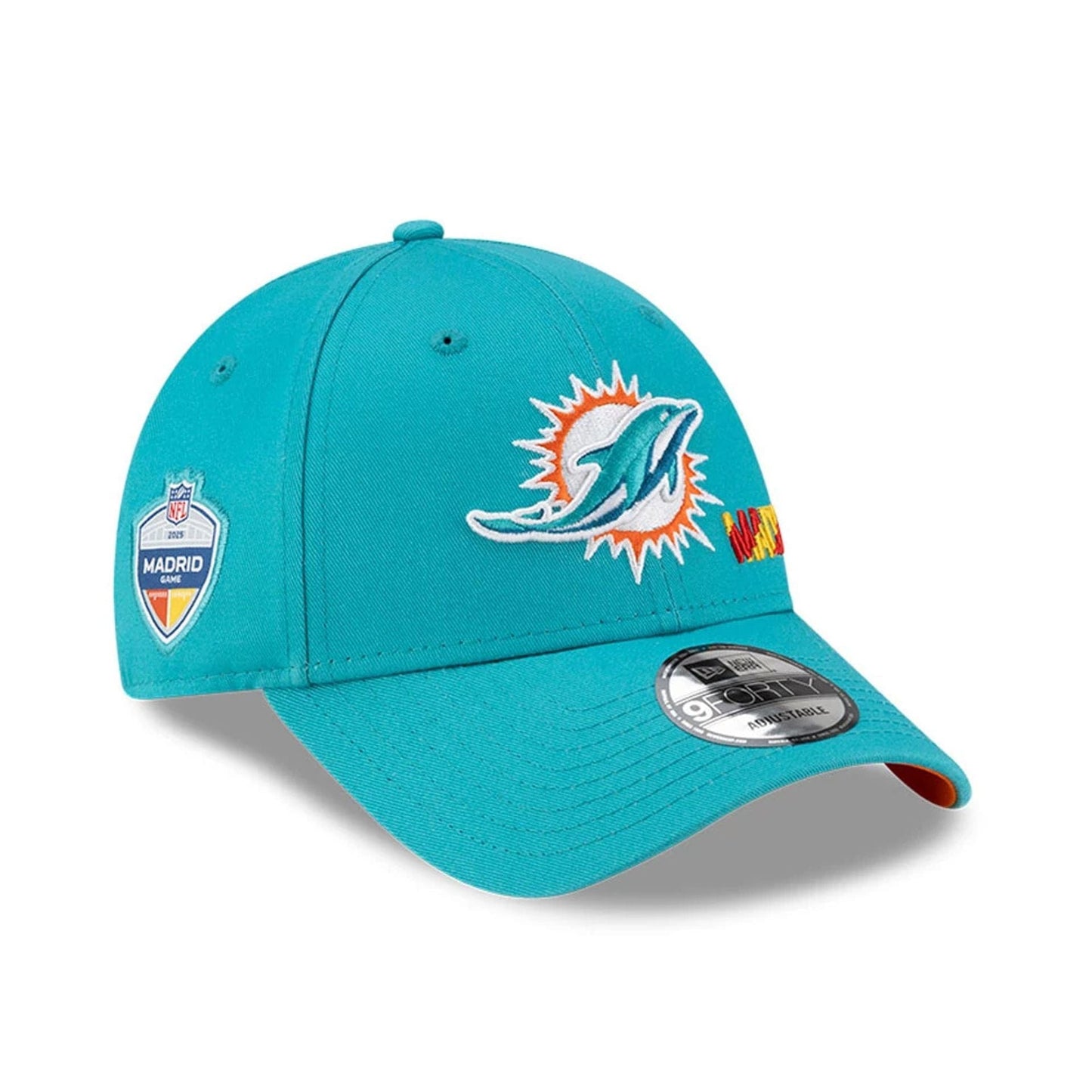This is a Miami Dolphins NFL Madrid Game 2025 Turquoise 9FORTY Adjustable Cap 1