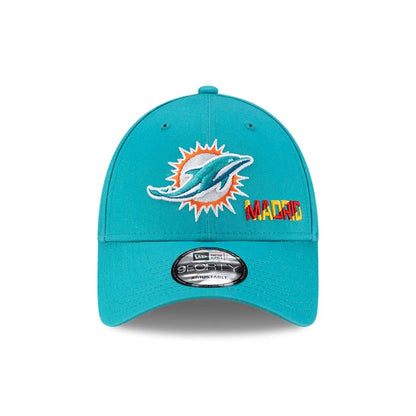 This is a Miami Dolphins NFL Madrid Game 2025 Turquoise 9FORTY Adjustable Cap 3