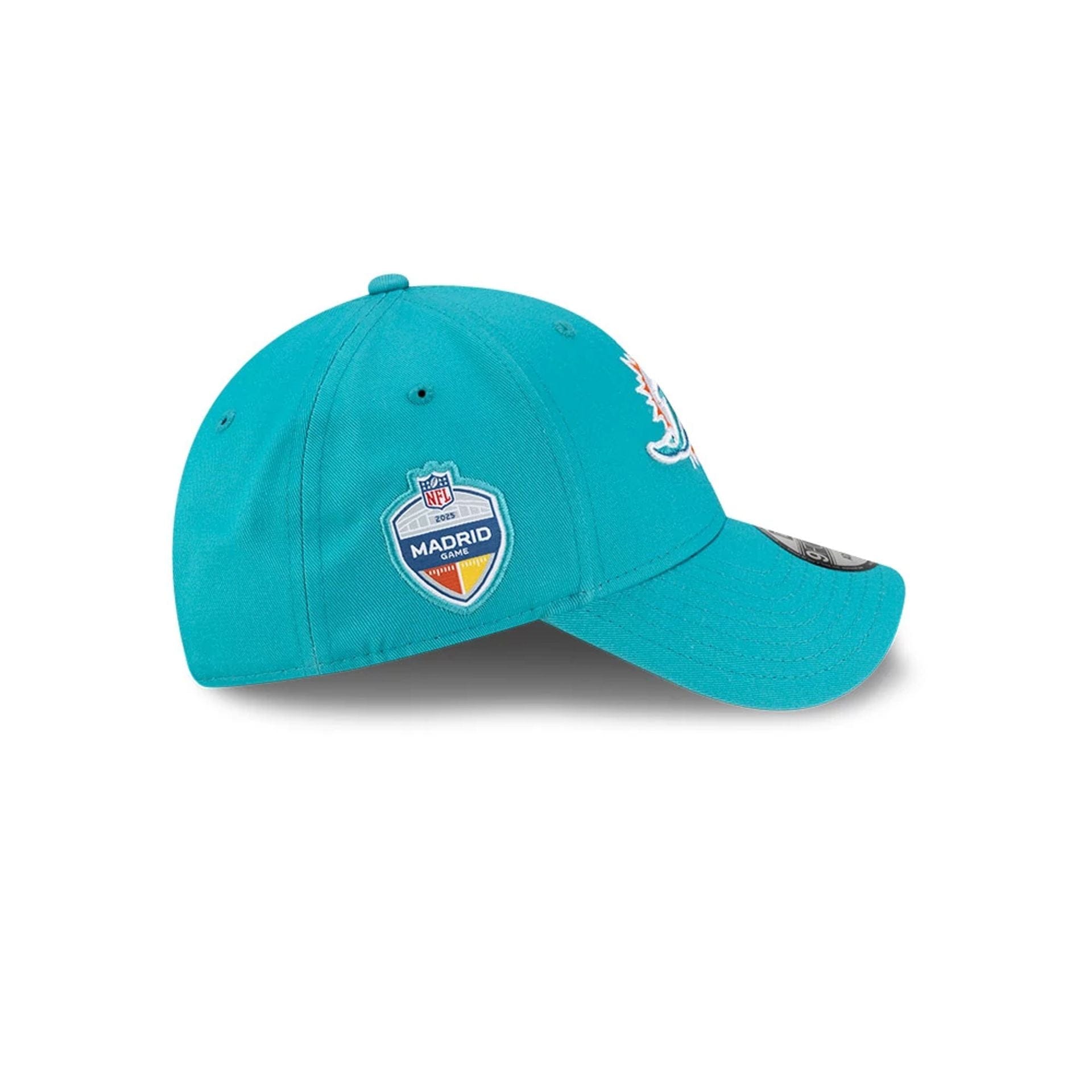 This is a Miami Dolphins NFL Madrid Game 2025 Turquoise 9FORTY Adjustable Cap 5