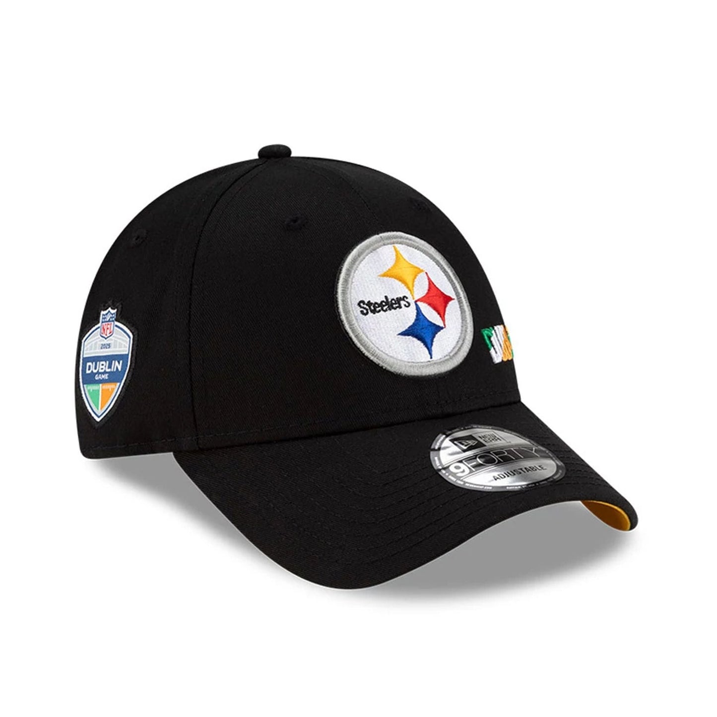This is a Pittsburgh Steelers NFL Dublin Game 2025 Black 9FORTY Adjustable Cap 1