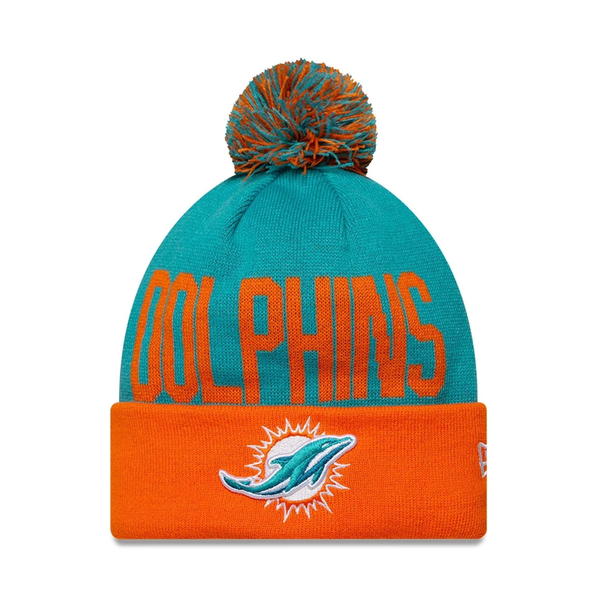 This is a Miami Dolphins NFL Madrid Game 2025 Turquoise Cuff Knit Beanie Hat 1