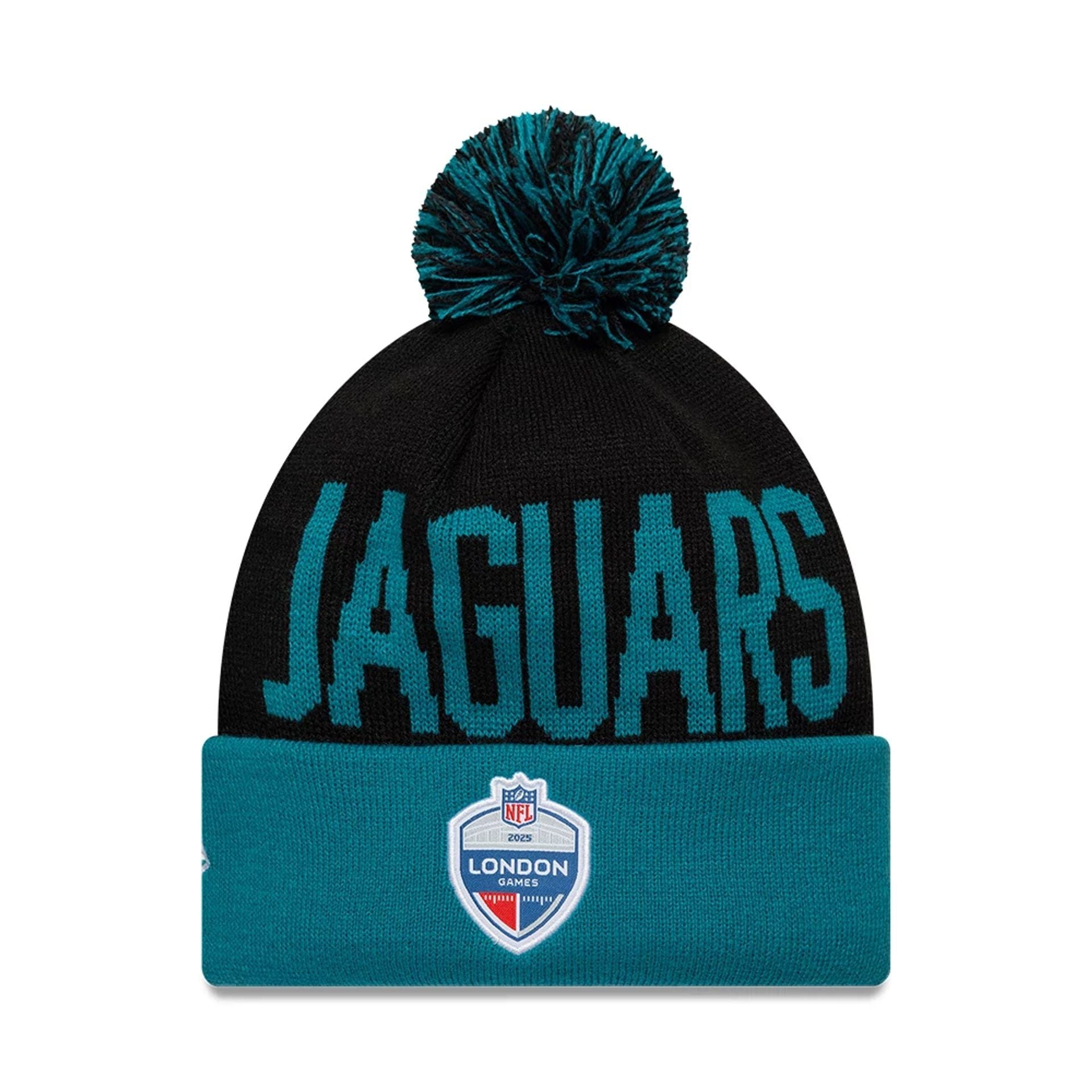 This is a Jacksonville Jaguars NFL London Games 2025 Black Cuff Knit Beanie Hat 2