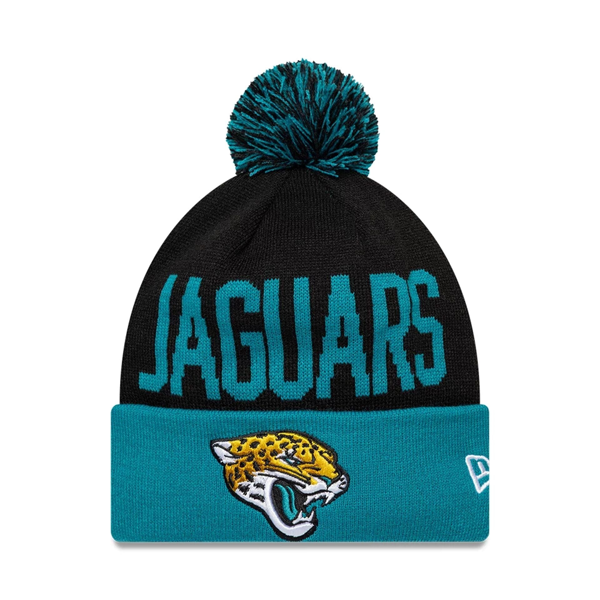 This is a Jacksonville Jaguars NFL London Games 2025 Black Cuff Knit Beanie Hat 1