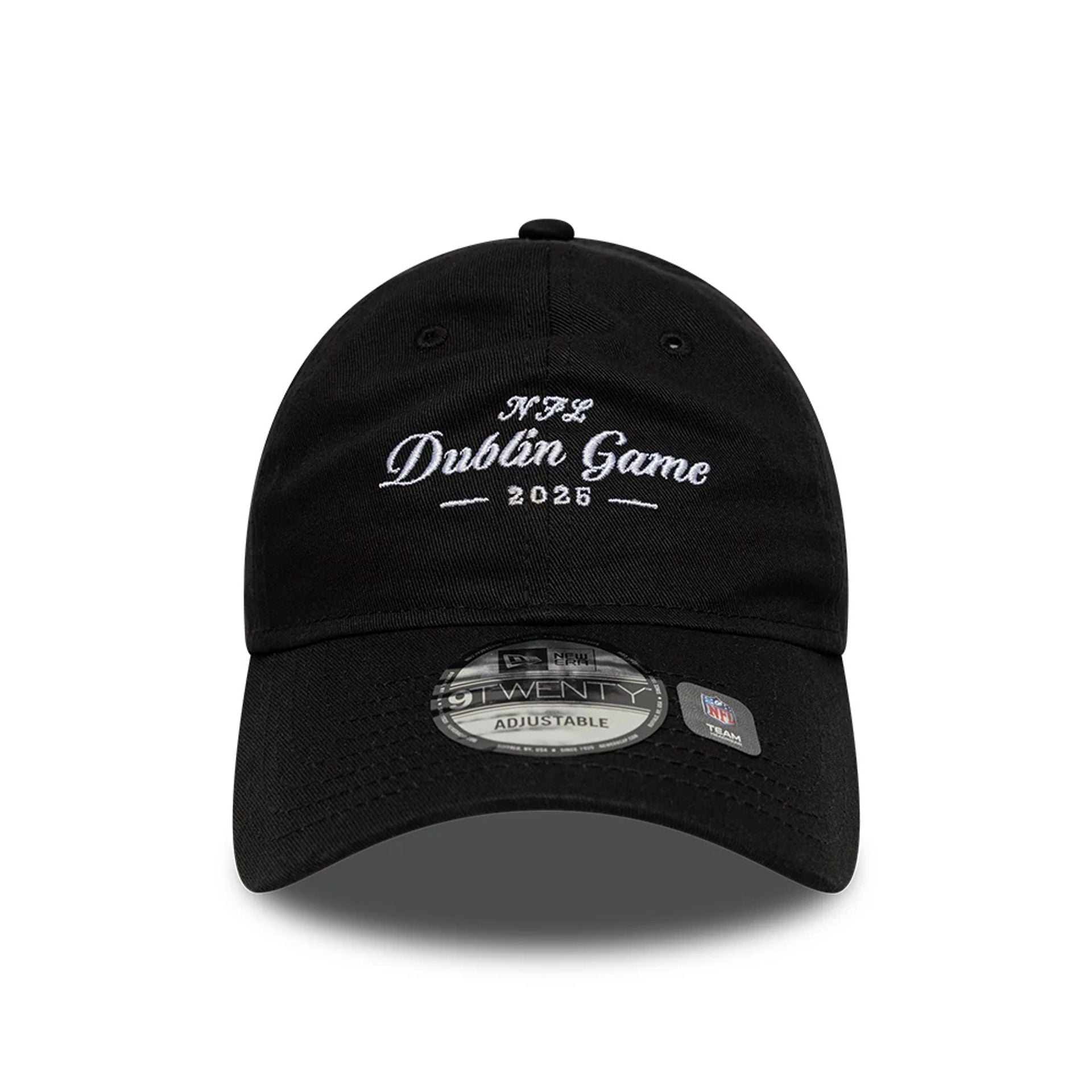 This is a Shield Logo NFL Dublin Game 2025 Black 9TWENTY Adjustable Cap 2
