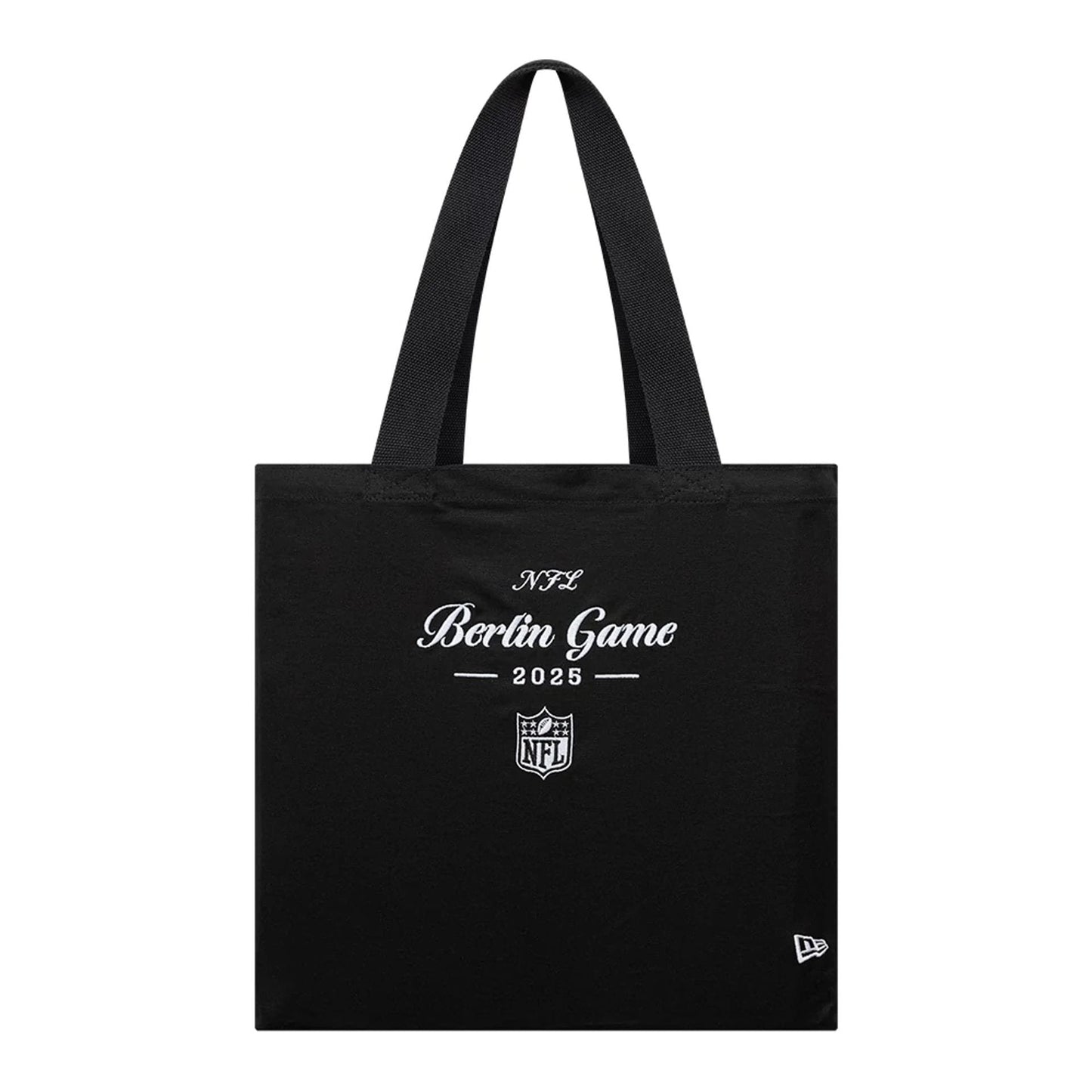 This is a Shield Logo NFL Berlin Game 2025 Black Tote Bag 1
