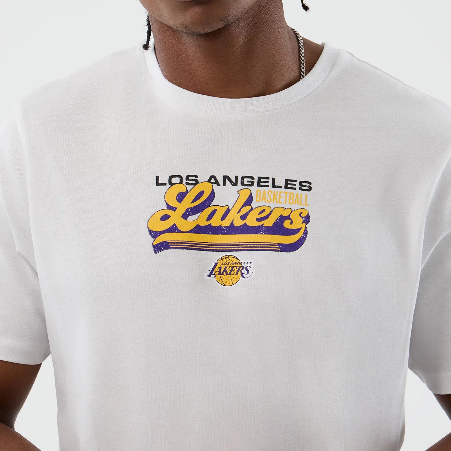 The Male model is wearing LA Lakers NBA Script Back To School White T-Shirt 5