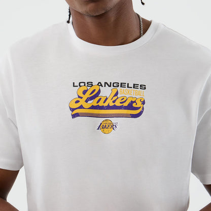 The Male model is wearing LA Lakers NBA Script Back To School White T-Shirt 5