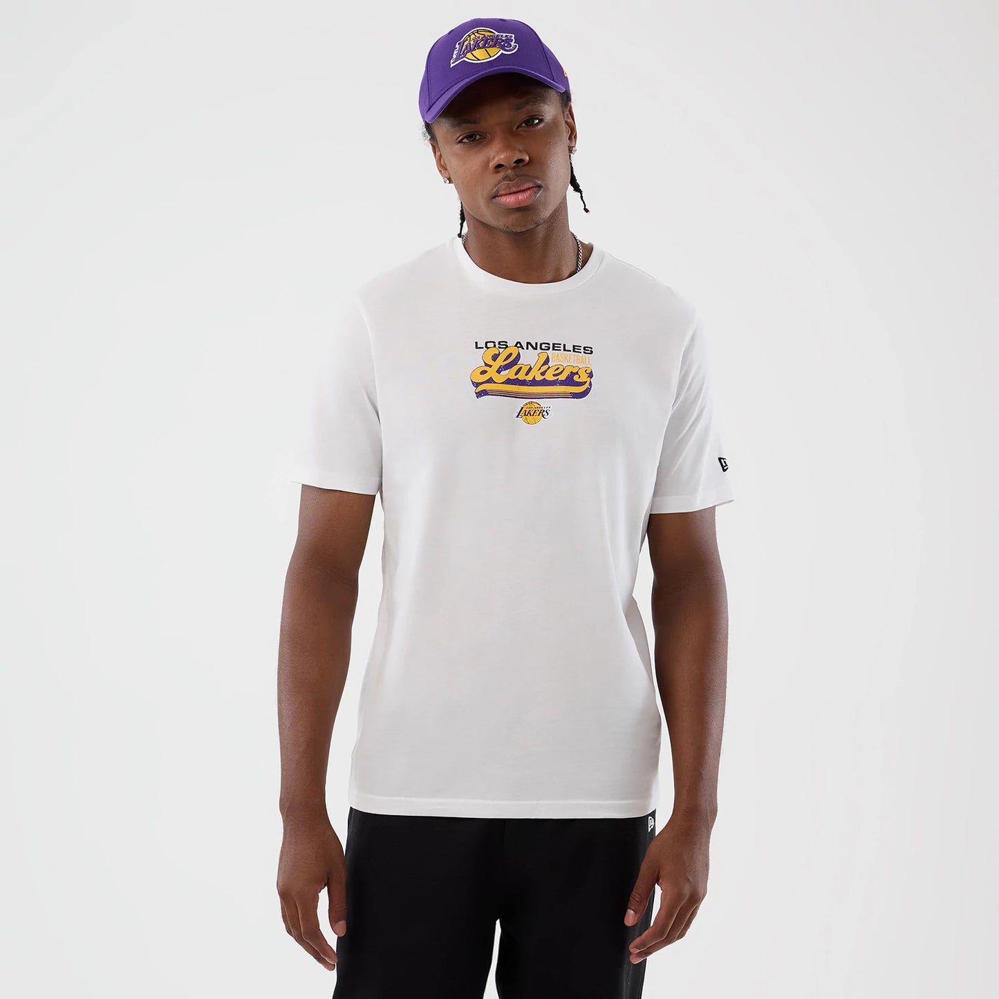 The Male model is wearing LA Lakers NBA Script Back To School White T-Shirt 1