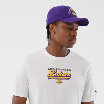 The Male model is wearing LA Lakers NBA Script Back To School White T-Shirt 3