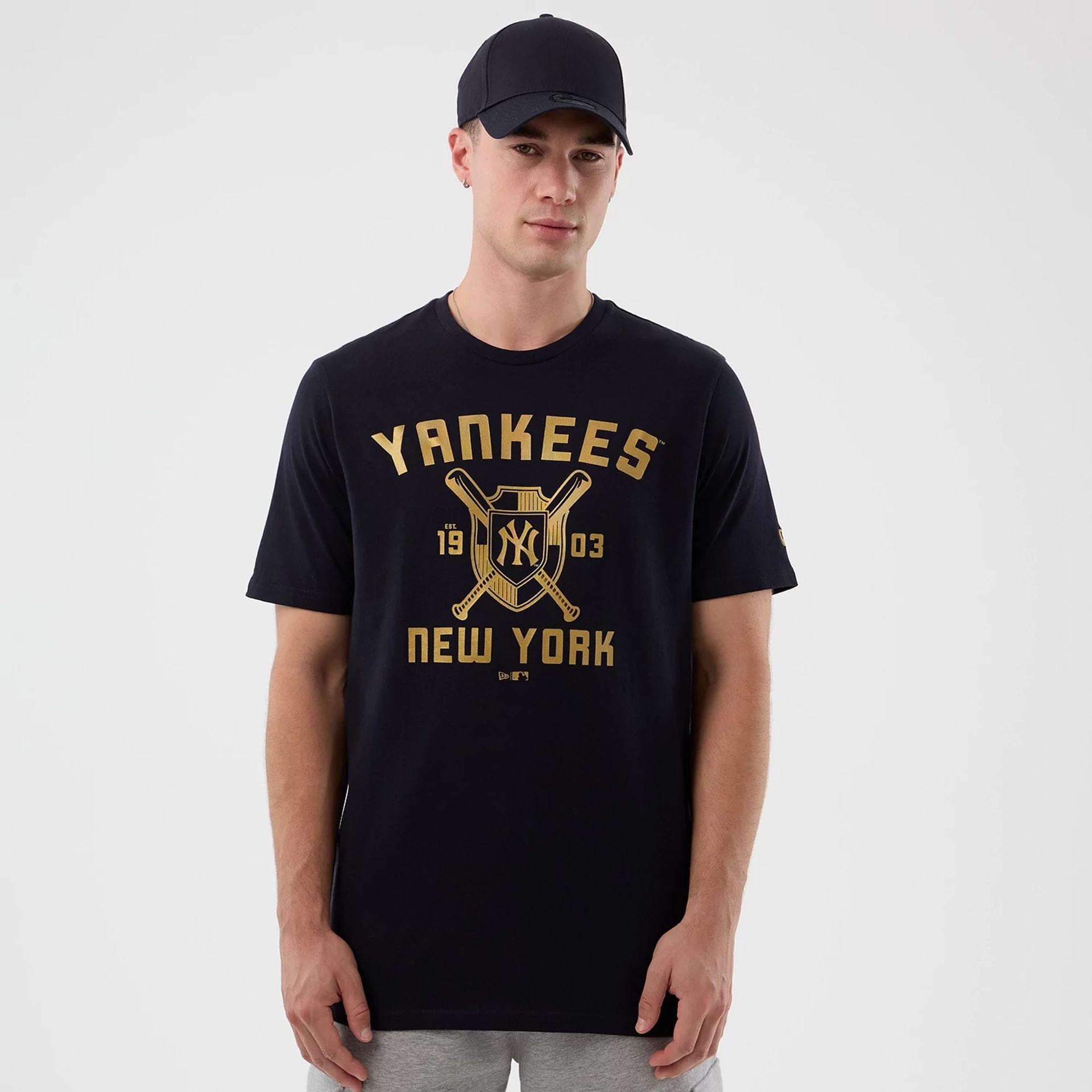 The Male model is wearing New York Yankees MLB Back To School Navy T-Shirt 1