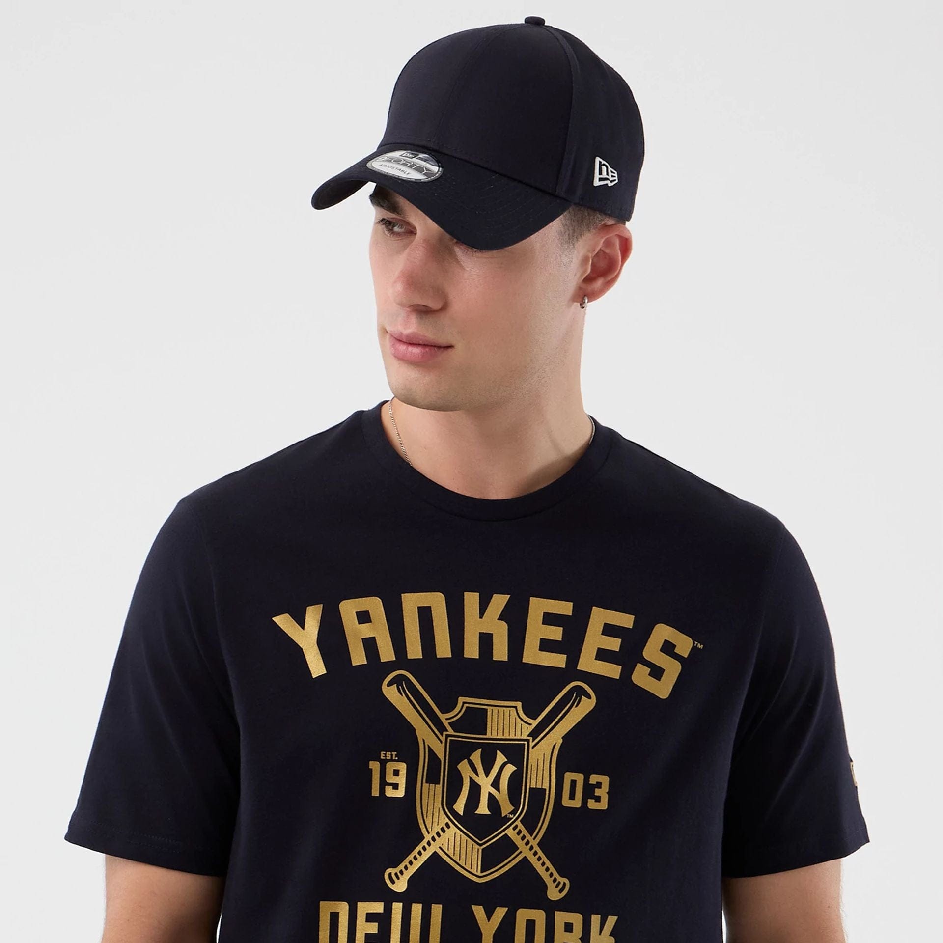 The Male model is wearing New York Yankees MLB Back To School Navy T-Shirt 6