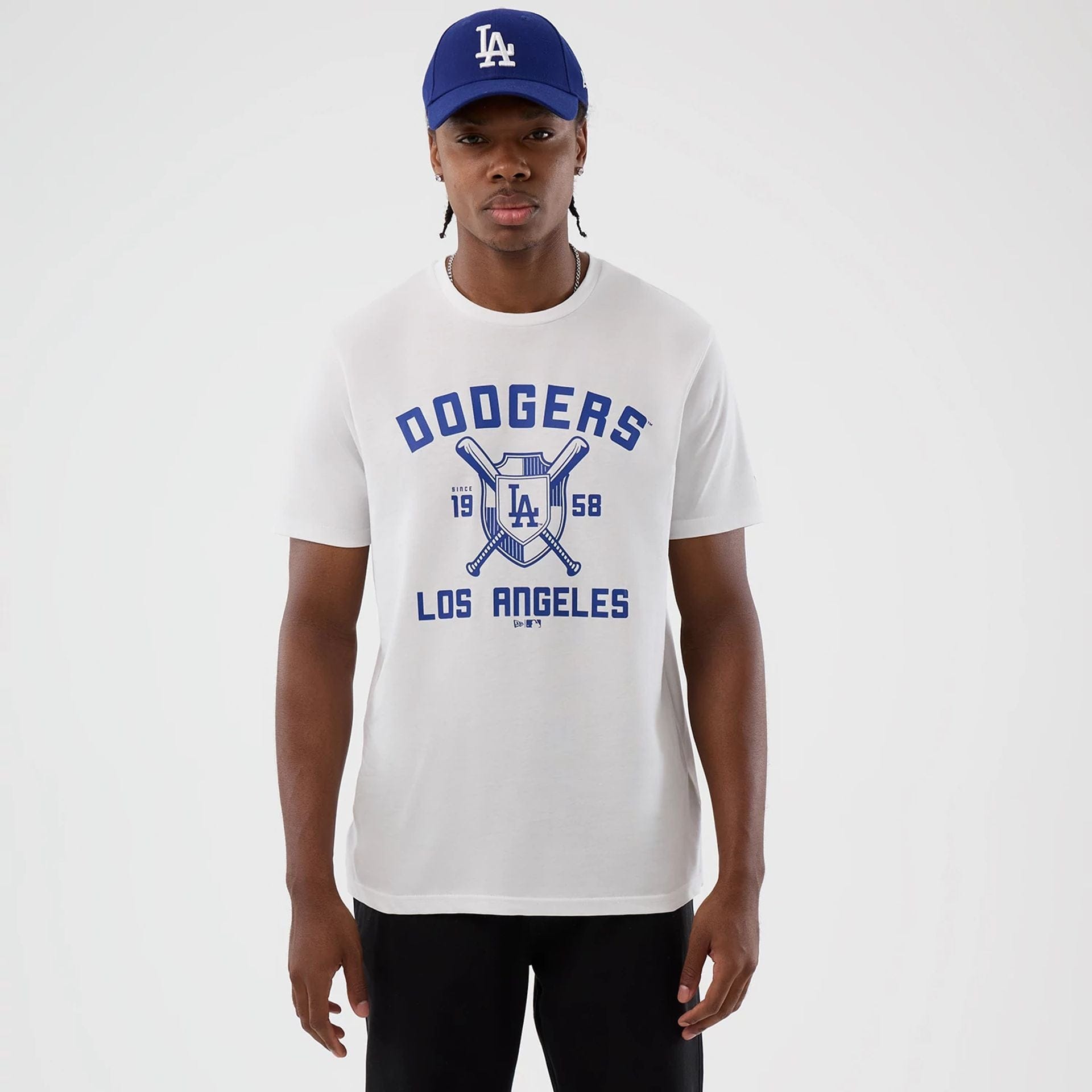 The Male model is wearing LA Dodgers MLB Back To School White T-Shirt  1