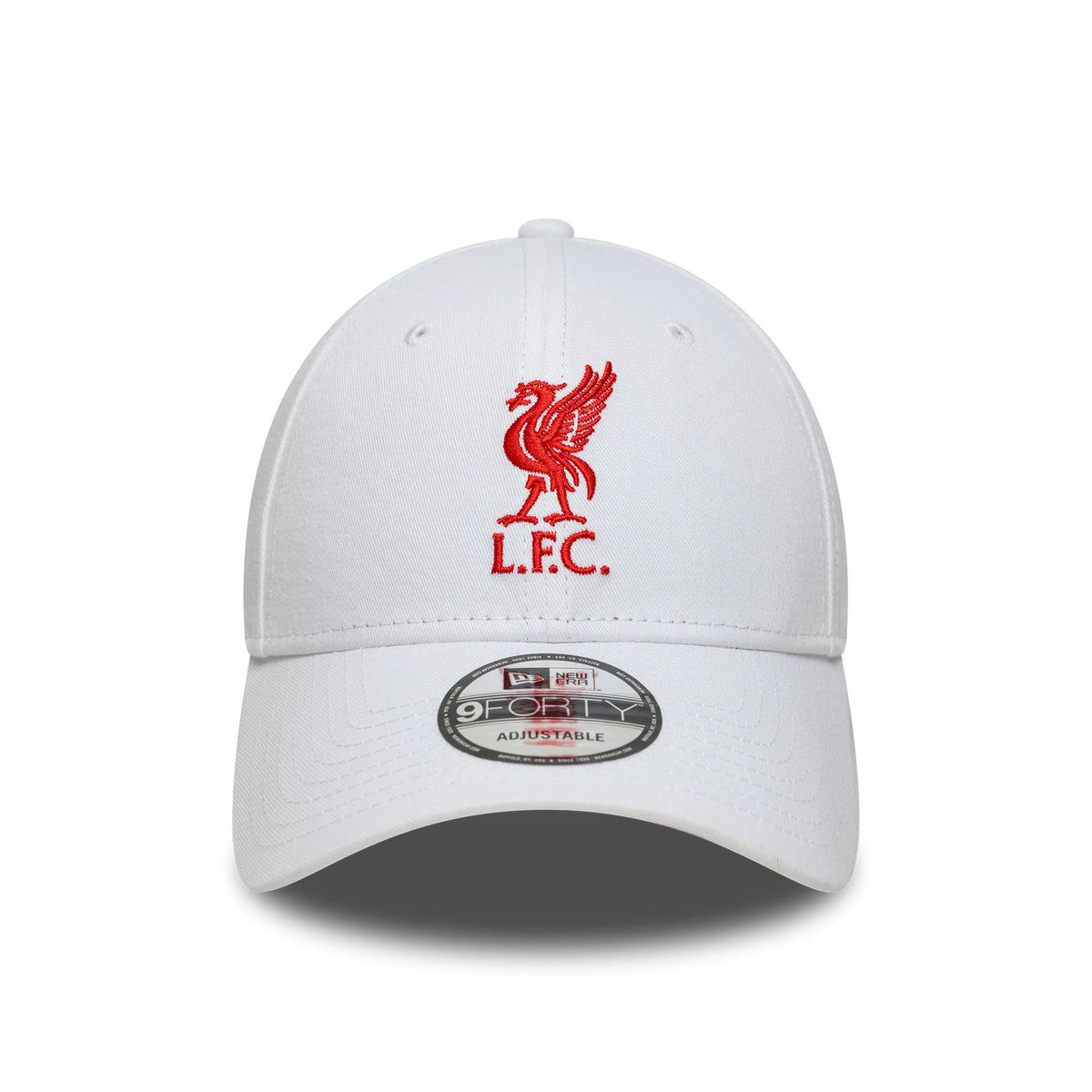 Liverpool FC Core White New Era 9FORTY Adjustable Cap, front view showing the red embroidered L.F.C. logo on the structured white crown and a 9FORTY size sticker on the curved visor.