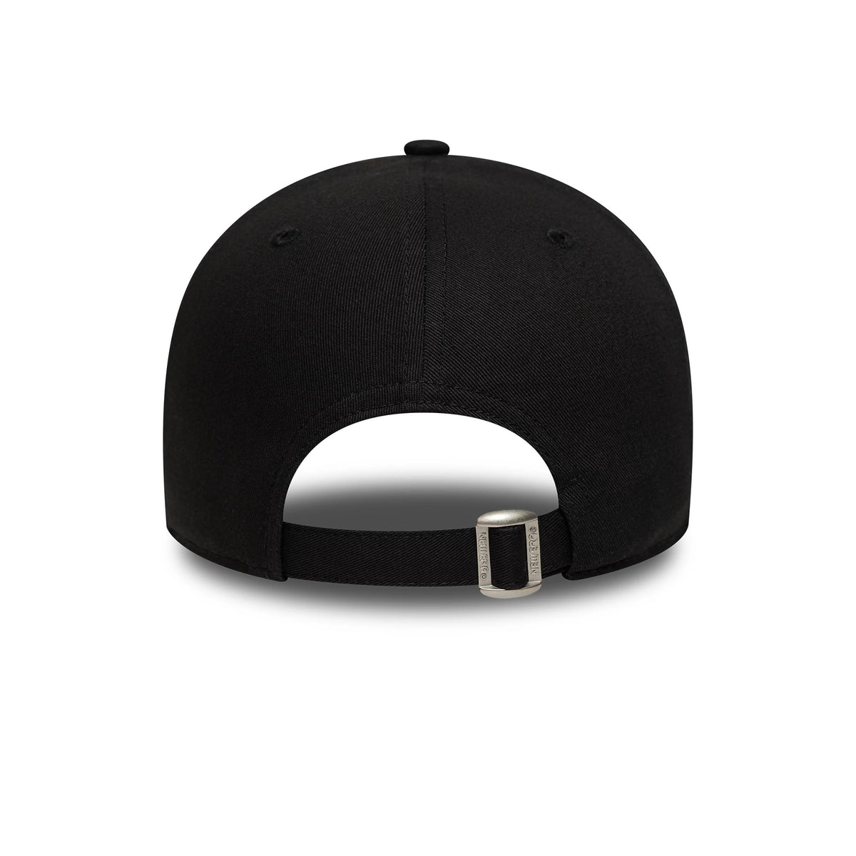 Liverpool FC Core Black New Era 9FORTY Adjustable Cap, rear view showing the plain black back panels with a buckle strap for size adjustment, unadorned except for a New Era logo on the clasp.