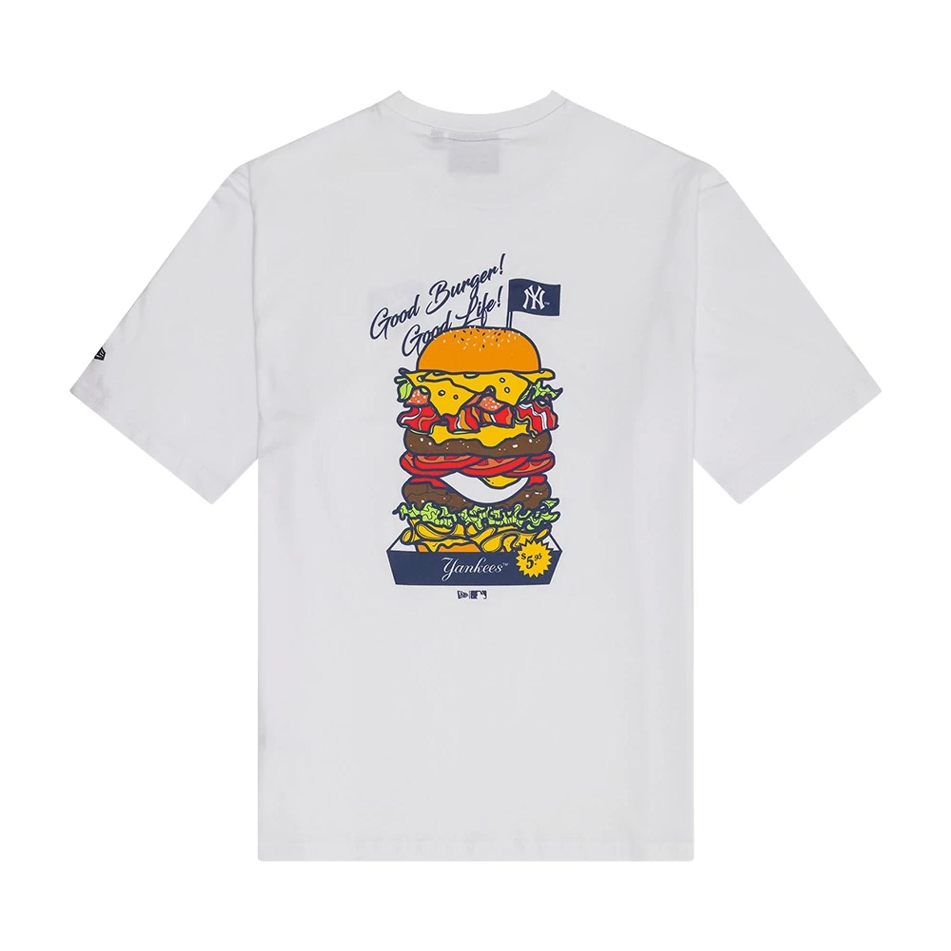 The Male model is wearing New York Yankees MLB Burger Graphic White T-Shirt 2