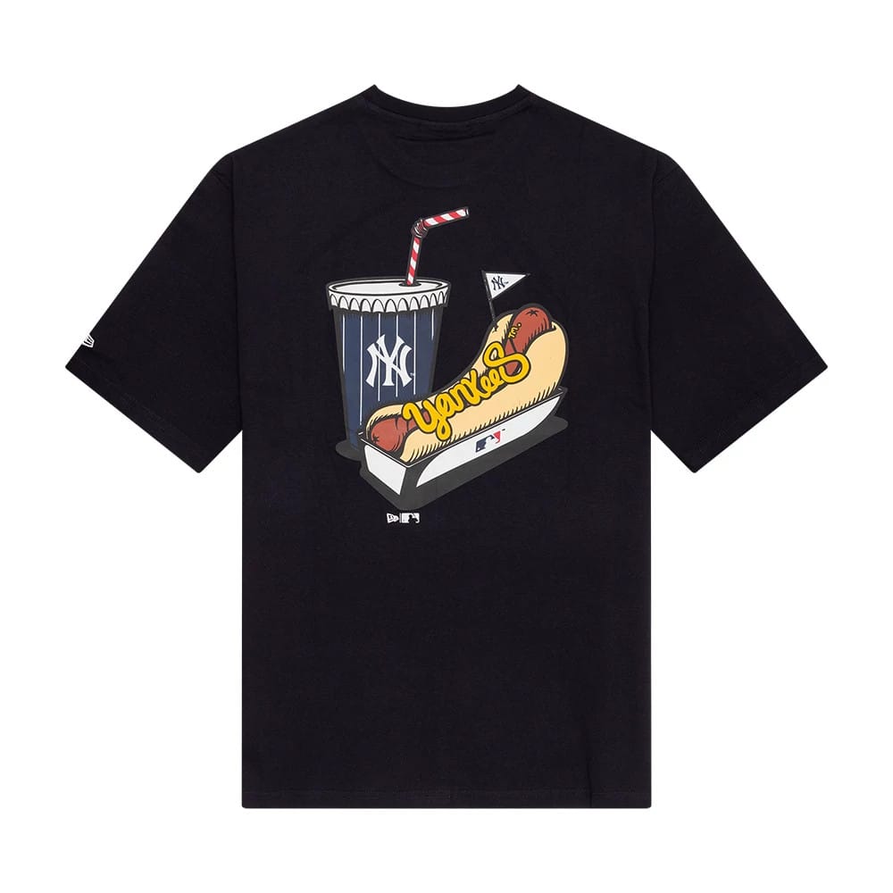 The Male model is wearing New York Yankees MLB Food Graphic Navy Oversized T-Shirt 2