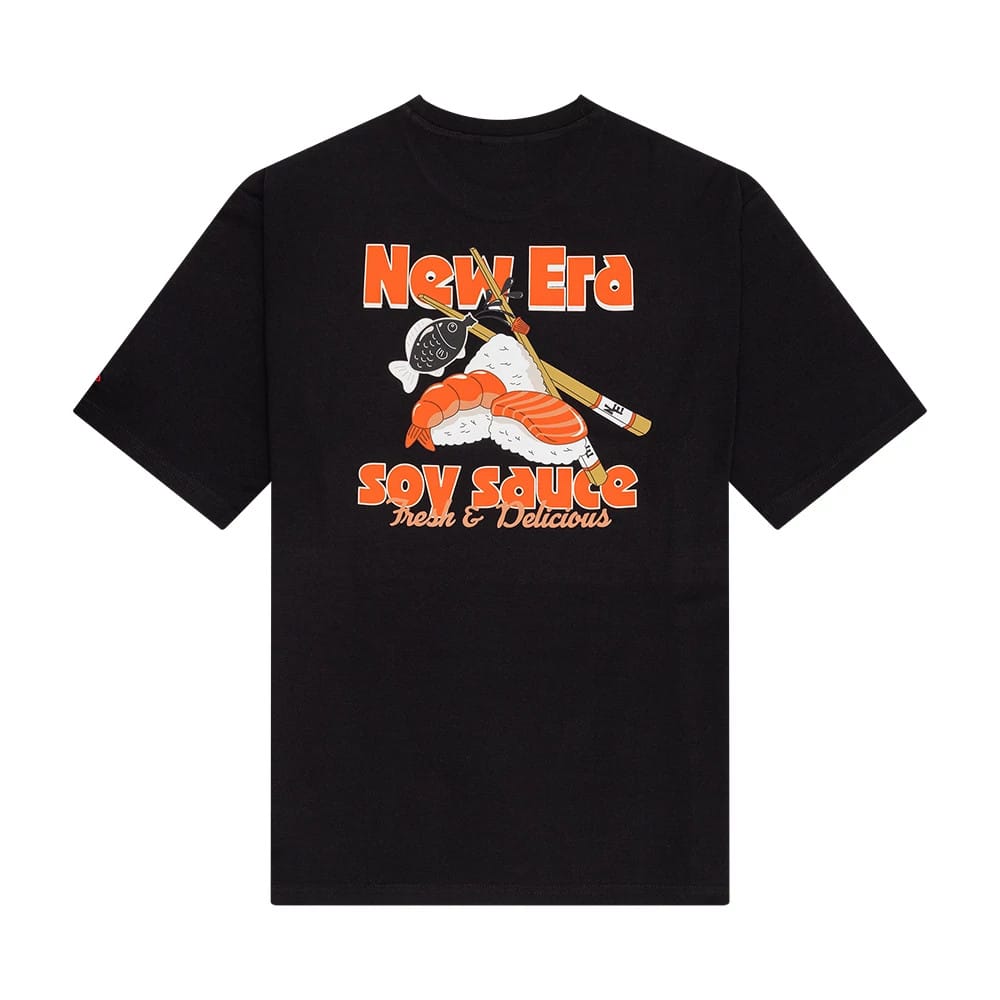 The Male model is wearing New Era Soy Sauce Graphic Black Oversized T-Shirt 2