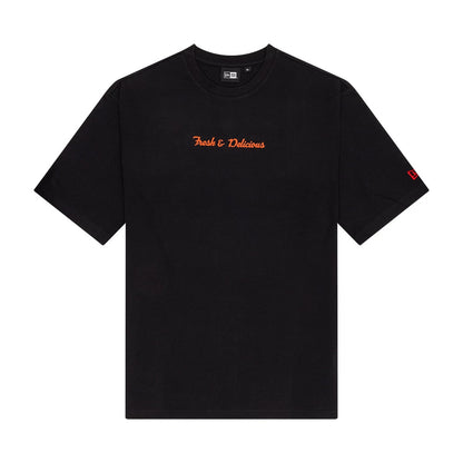 The Male model is wearing New Era Soy Sauce Graphic Black Oversized T-Shirt 1