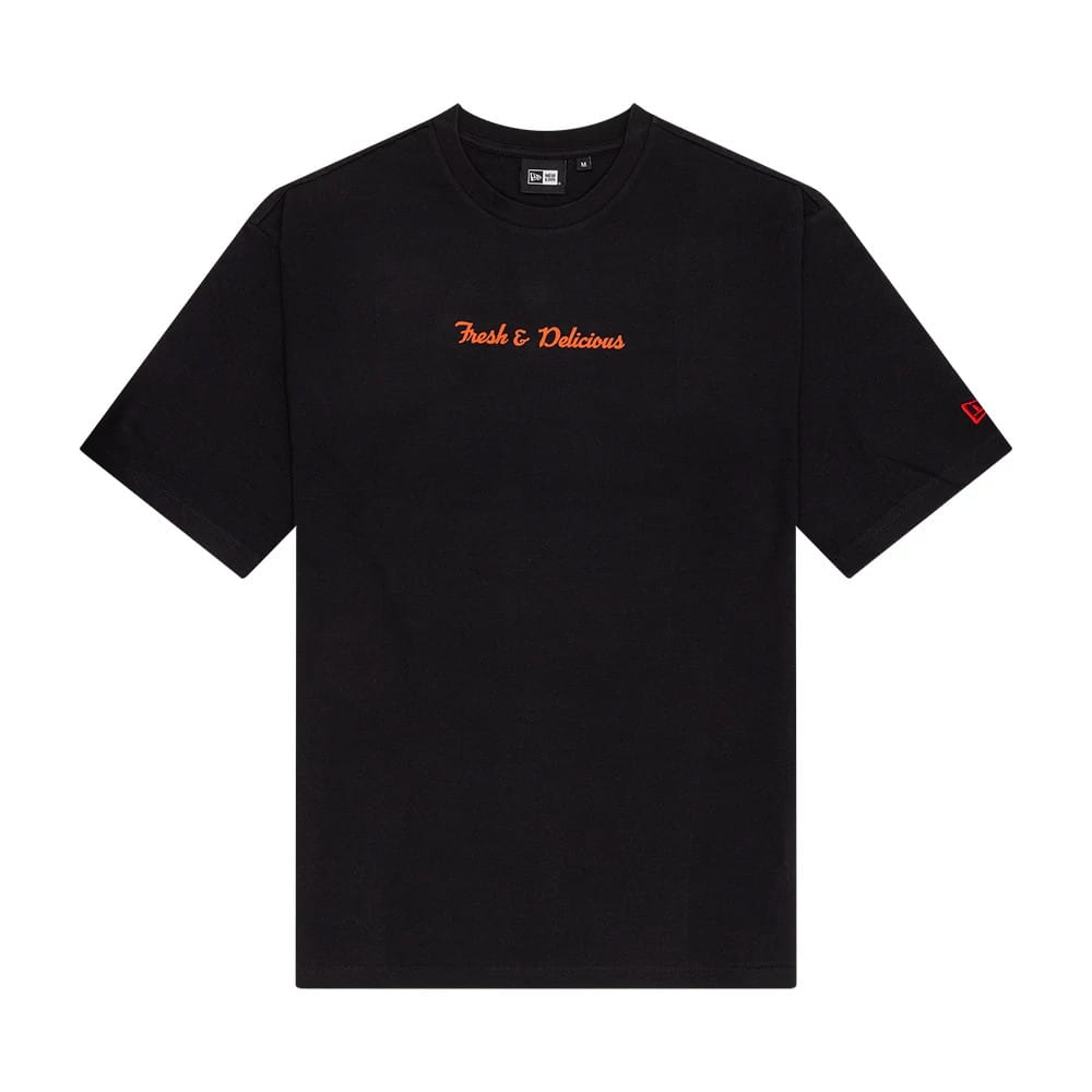 The Male model is wearing New Era Food Graphic Black Oversized T-Shirt 1