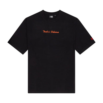 The Male model is wearing New Era Food Graphic Black Oversized T-Shirt 1