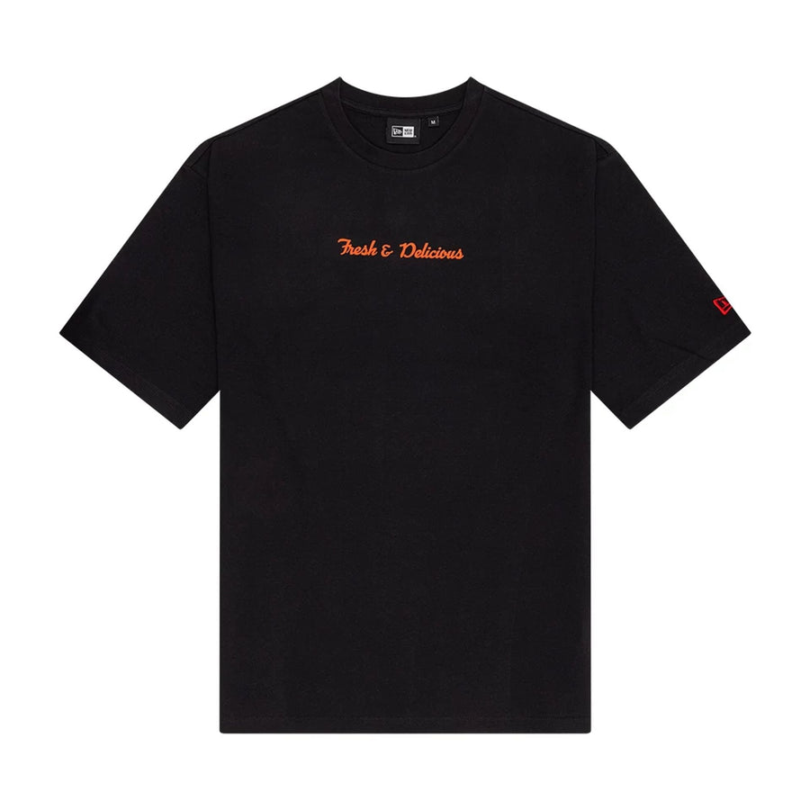 The Male model is wearing New Era Food Graphic Black Oversized T-Shirt 1