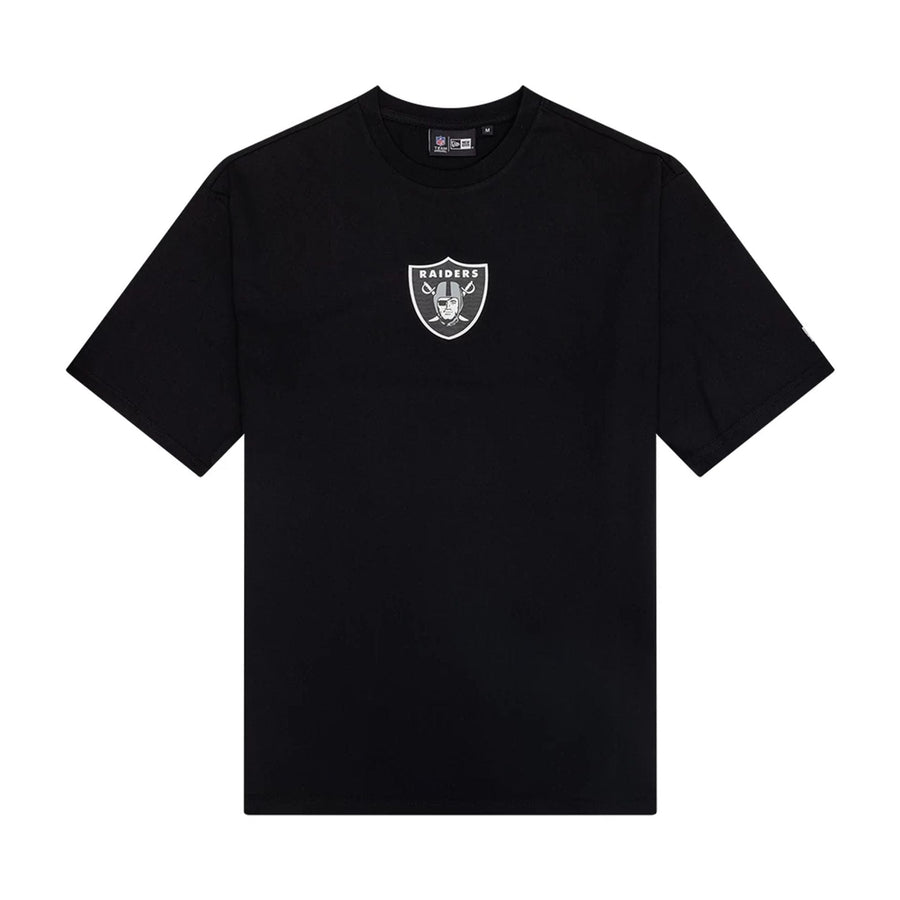 The Male model is wearing Las Vegas Raiders NFL Arch Graphic Black Oversized T-Shirt 1