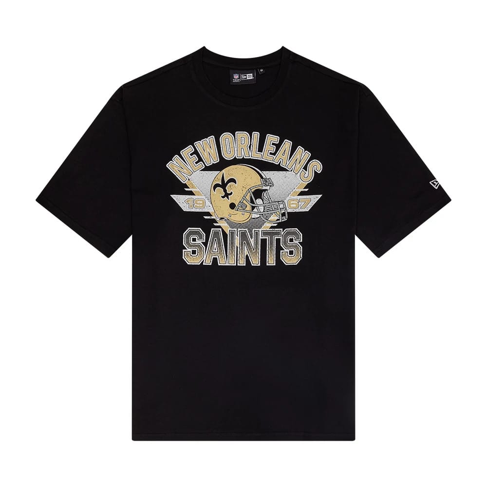 The Male model is wearing New Orleans Saints NFL Helmet Graphic Black T-Shirt 1