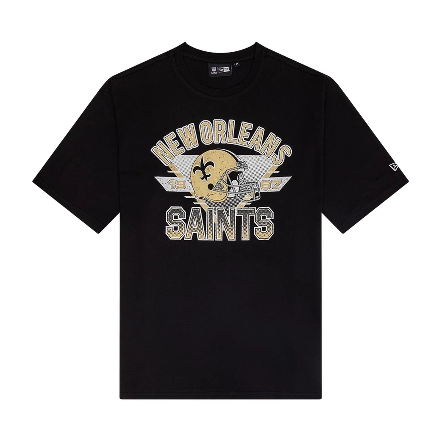 The Male model is wearing New Orleans Saints NFL Helmet Graphic Black T-Shirt 1