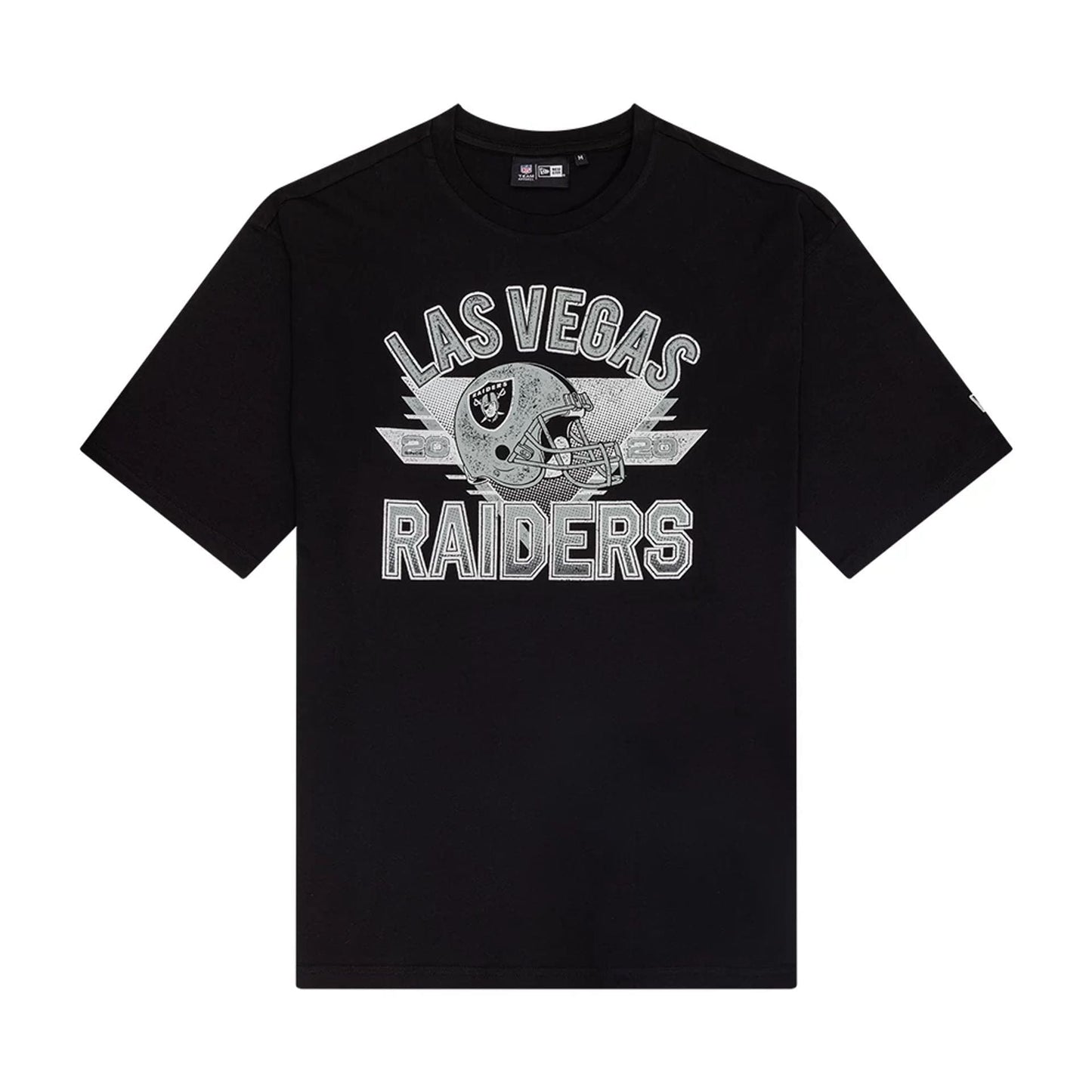 The Male model is wearing Las Vegas Raiders NFL Helmet Graphic Black T-Shirt 1